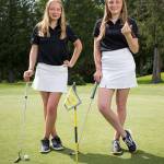 Lakewood freshmen Mandy Harrison, left, and Malia Schroeder have both hit a hole-in-one this season for the Cougars. Shot on on Thursday, May 9, 2019 in Arlington, Wash. (Andy Bronson / The Herald)