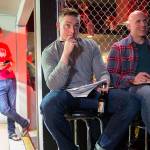 Kyle Hackbarth (left) and Verlon Roberts listen to other comics as they prepare notes at the Comedy Garage. (Andy Bronson / The Herald)