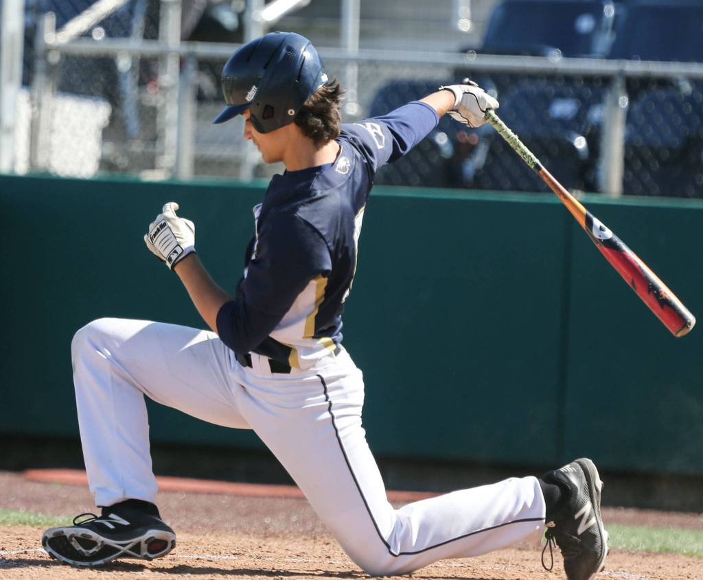 Arlingtons Michael Tsoukalas strikes out against Shorewood during the 3A District Semifinals at Funko Field at Everett Memorial Stadium on May 7. The Thunderbirds won 3-1 to advance. (Kevin Clark / The Herald)