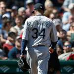 Mariners pitcher Felix Hernandez walks off the field after being relieved during the third inning of a game against the Red Sox on May 11, 2019, in Boston. (AP Photo/Michael Dwyer)