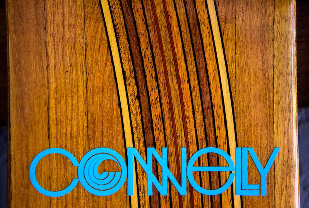 A wood inlay water ski at Connelly Skis in Lynnwood. (Olivia Vanni / The Herald)