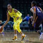 Seattles Jordin Canada calls out a play during a preseason game against Phoenix on Wednesday at Angel of the Winds Arena in Everett. (Olivia Vanni / The Herald)