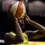 Seattles Crystal Langhorne pauses before taking a 3-pointer shot during a preseason game against Phoenix on Wednesday at Angel of the Winds Arena in Everett. (Olivia Vanni / The Herald)