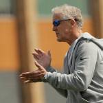 Seahawks head coach Pete Carroll encourages players on the first day of rookie minicamp on May 3, 2019, in Renton. (AP Photo/Ted S. Warren)