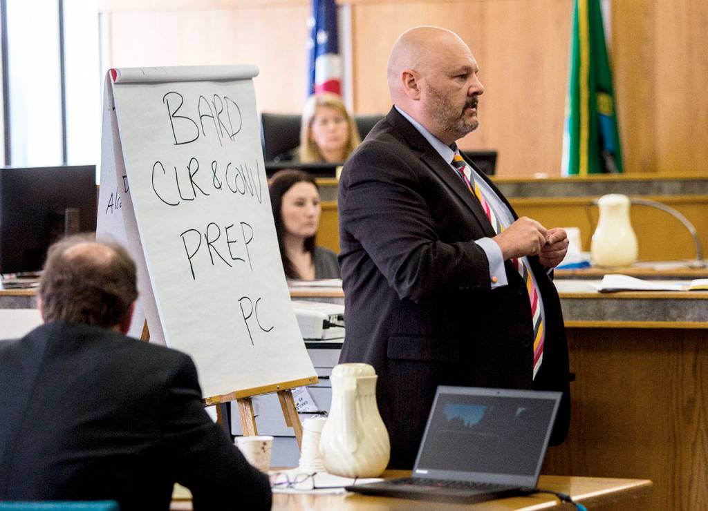 Defense attorney Jon Scott addresses the jury during closing arguments of Michael Spiekers trial on Thursday in Everett. (Olivia Vanni / The Herald)