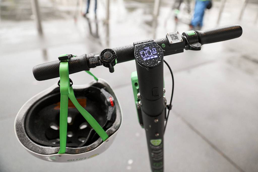 Everett is the third city in Washington to get the e-scooters. On Friday, the city launch a three-month pilot. (Lizz Giordano / The Herald)