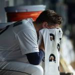 Mariners starting pitcher Erik Swanson sits in the dugout after being removed during the fourth inning of a game against the Twins on May 16, 2019, in Seattle. (AP Photo/Stephen Brashear)