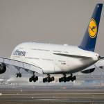 A Lufthansa Airbus A380 lands in Frankfurt, Germany. (AP Photo/Michael Probst)