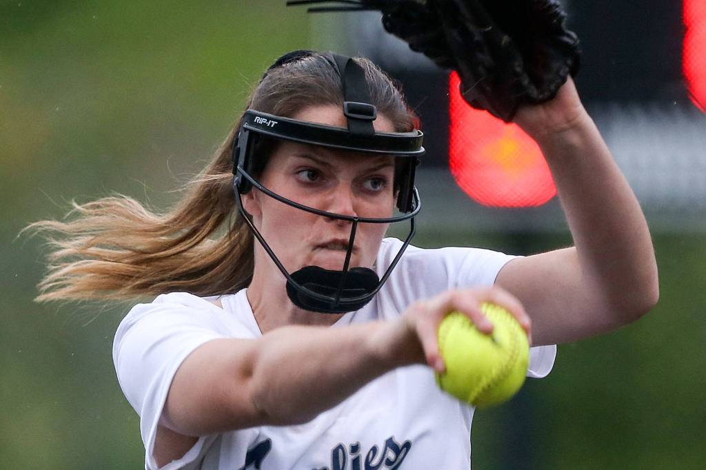 Glacier Peaks Makayla Miller pitches against Eastlake at Phil Johnson Fields in Everett on May 15. (Kevin Clark / The Herald)