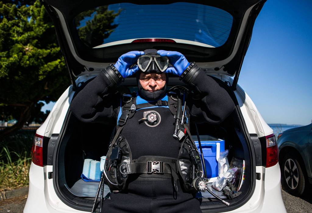 Drew Collins demonstrates the steps he goes through before diving at Bracketts Landing Park North on May 9 in Edmonds. (Olivia Vanni / The Herald)