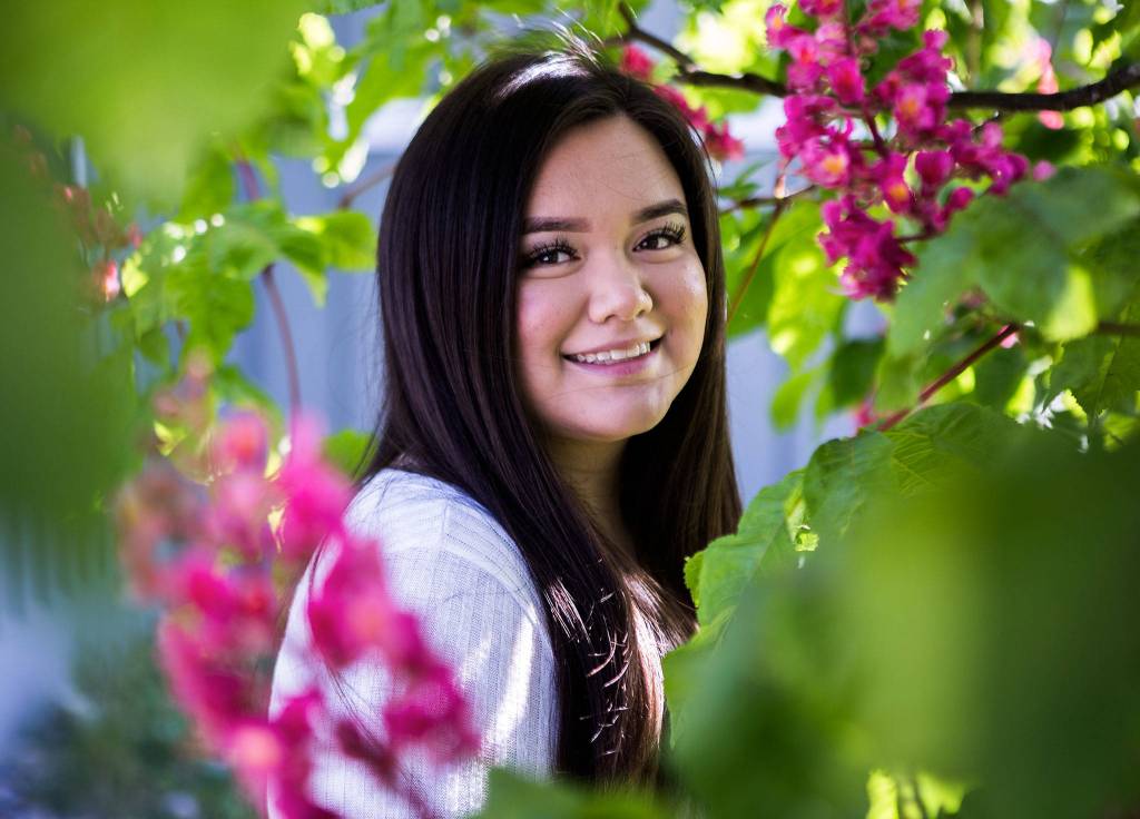 <a href="https://www.heraldnet.com/news/changing-schools-tulalip-teen-found-motivation-to-graduate/" target="_blank">Nancy Enick</a><a href="https://spi.newsengin.com/gps2/" target="_blank"></a>, 18, at Tulalip Heritage High School on May 7. (Olivia Vanni / The Herald)