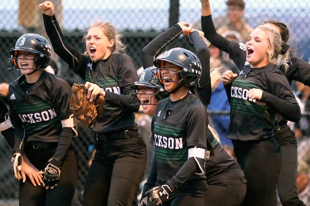 Jackson celebrates a home run in the fourth inning against Lake Stevens at Phil Johnson Fields in Everett on May 15. (Kevin Clark / The Herald)