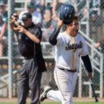 Everetts Tyler Bates celebrates after scoring the Seagulls first run in the sixth inning. (Andy Bronson / The Herald)