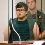 Angel Granados-Diaz, 19, a Parkrose High School student accused of bringing shotgun to class Friday, appears in a brief court hearing Monday in Portland, Oregon Granados-Diaz pleaded not guilty Monday during the brief court hearing to a felony count of possessing a weapon in a public building and three misdemeanors. (Dave Killen/The Oregonian via AP, Pool)