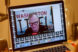 Mark Sargent of Whidbey Island is on the screen with Texas YouTuber Patricia Steere as she broadcasts The Flat Earth and Other Hot Potatoes from her Houston home. The two also share cameo roles (and some sexual tension) in the documentary Behind the Curve which was picked up by Netflix. (Mark Mulligan / Houston Chronicle)