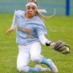 Everetts Jackie Rookaird makes a sliding catch against Lake Washington Friday morning during the 3A Softball State Championship at the Regional Athletic Complex in Lacey. (Kevin Clark / The Herald)