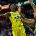 Seattle Storms Natasha Howard attempts a layup during the season opener game against the Phoenix Mercury on Saturday, May 25, 2019 in Everett, Wash. (Olivia Vanni / The Herald)