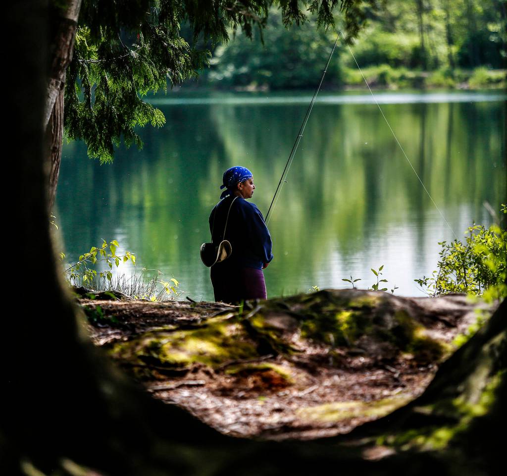 A Seattle woman fishes along the bank of the South Lake at Gissberg/Twin Lakes county park in Marysville. (Dan Bates / The Herald)