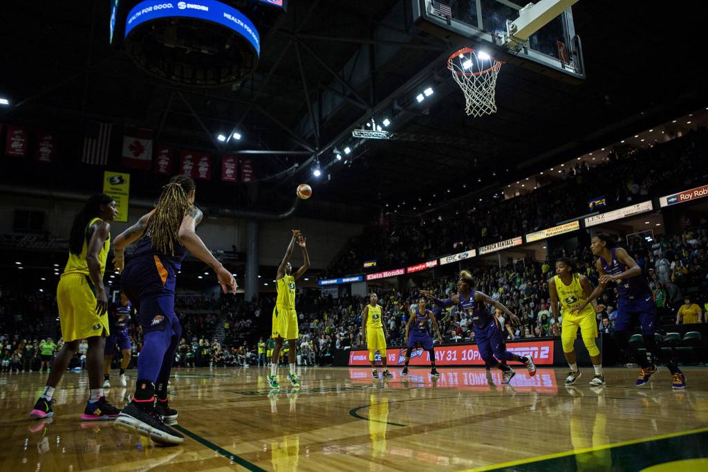 Seattle Storms Natasha Howard takes a free throw during the season opener game against the Phoenix Mercury on Saturday, May 25, 2019 in Everett, Wash. (Olivia Vanni / The Herald)