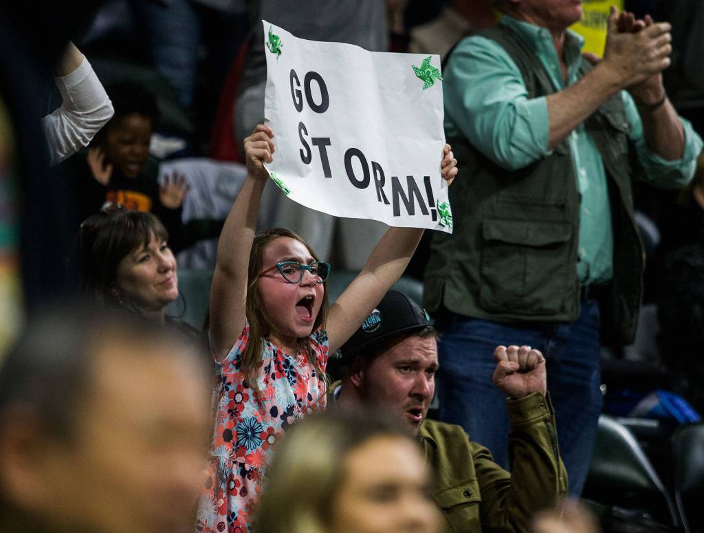 A Seattle Storm fan screams after a shot is made during the season opener game against the Phoenix Mercury on Saturday, May 25, 2019 in Everett, Wash. (Olivia Vanni / The Herald)