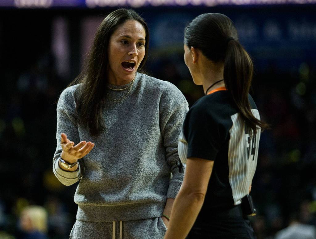 Seattle Storms Sue Bird has a word with a referee after a Phoenix player yells at a Storm player during a free throw during the season opener game against the Phoenix Mercury on Saturday, May 25, 2019 in Everett, Wash. (Olivia Vanni / The Herald)