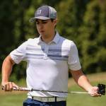 Chris Vargas eyes a missed putt Sunday afternoon during the second round of the Snohomish County Amateur Golf Tournament at Harbour Pointe Golf Club in Mukilteo. (Kevin Clark / The Herald)