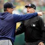 Seattle Mariners manager Scott Servais argues with crew chief Mike Everitt after being ejected in the seventh inning of Sundays 7-1 loss to the Oakland Athletics. (AP Photo/Ben Margot)