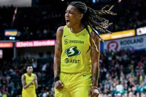 The Seattle Storms Shavonte Zellous yells after scoring and getting a foul call against the Phoenix Mercury during the season opener on Saturday, May 25, 2019 in Everett, Wash. (Olivia Vanni / The Herald)