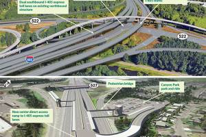 Proposed design concepts for the I-405/Highway 522 interchange and the I-405/ Highway 527 interchange. (WSDOT)