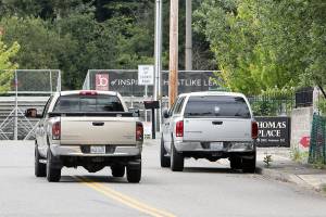 A truck parked on along 39th Avenue SE near Archbishop Murphy High School. Snohomish County prohibits parking along streets with double yellow lines if other vehicles have to cross over the center line too pass. (Lizz Giordano / The Herald)