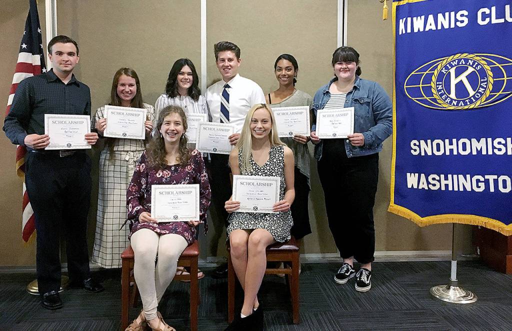 2019 Kiwanis Club of Snohomish scholarship recipients are (standing from left) George Dearinger, Emmalee Mikuslky, Gabi Loesch, Michael Simonson,Tamia DeSchmidt and Mary Robinett; (seated from left) Emily Ovall and Julia Williams. Not pictured: Shelby Nelson. (Kiwanis Club of Snohomish)