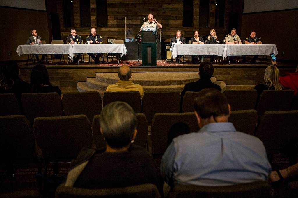 Snohomish County Sheriff Ty Trenary speaks at a panel discussion about the Office of Neighborhoods North County Unit Embedded Social Worker Program on May 28 in Arlington. (Olivia Vanni / The Herald)