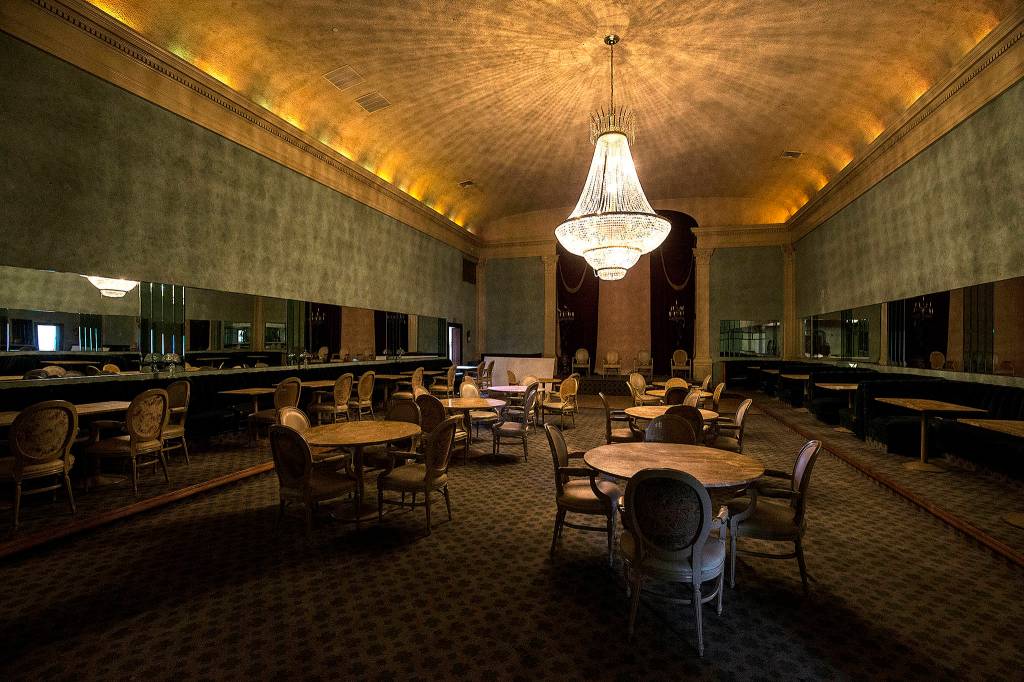 The former Manhattan Room is still lit by a massive chandelier in the Club Broadway building on May 1 in Everett. (Andy Bronson / The Herald)