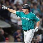The Mariners Jay Bruce celebrates after hitting a solo home run during the seventh inning of a game against the Angels on May 31, 2019, in Seattle. The home run was the 300th of his major league career. (AP Photo/Stephen Brashear)