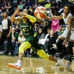The Storms Jordin Canada loses the ball as she drives to the net. (Andy Bronson / The Herald)