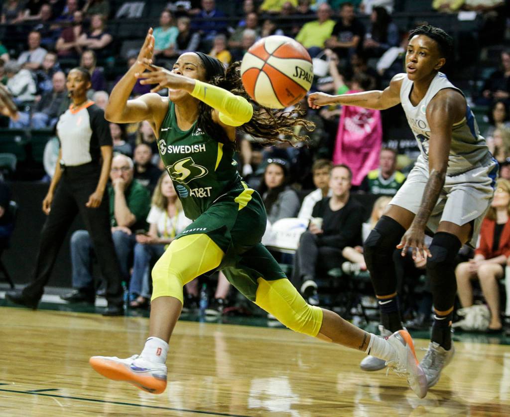 The Storms Jordin Canada loses the ball as she drives to the net. (Andy Bronson / The Herald)