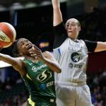 Seattle Storms Jewell Loyd leans out for a shot as the Seattle Storm took on the Minnesota Lynx at the Angle of the Winds Arena on Tuesday, June 4, 2019 in Everett, Wash. (Andy Bronson / The Herald)