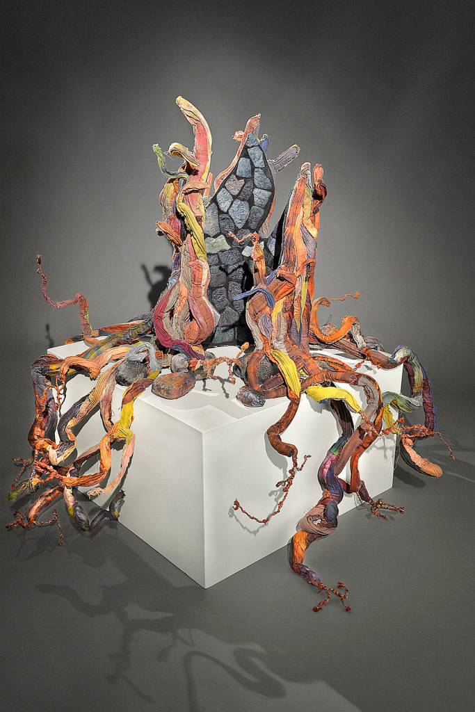 Methuselah is a 4-by-3-by 3-foot tree trunk with roots and rocks created with hand-dyed fabric, cording, wire and wire armature. It also is hand- and machine-stitched. It was inspired by the ancient bristlecone pine in the Sierra Nevadas.