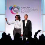 Former first Lady Michelle and former president Barack Obama, seen here at the inaugural Obama Foundation Summit on Oct. 31, 2017 in Chicago, will lend their voices to a new podcast. (Scott Olson/Getty Images)