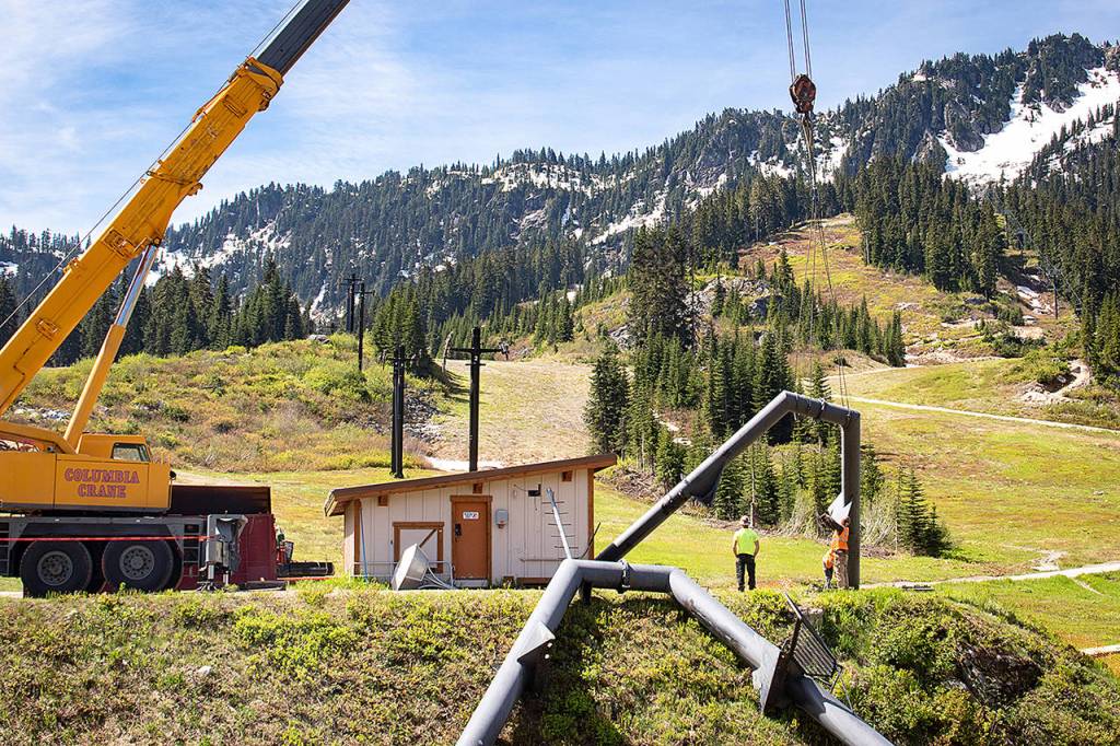 Crews removed the second A-frame support structure from the previous loading terminal for the Daisy chair. (Vail Resorts)
