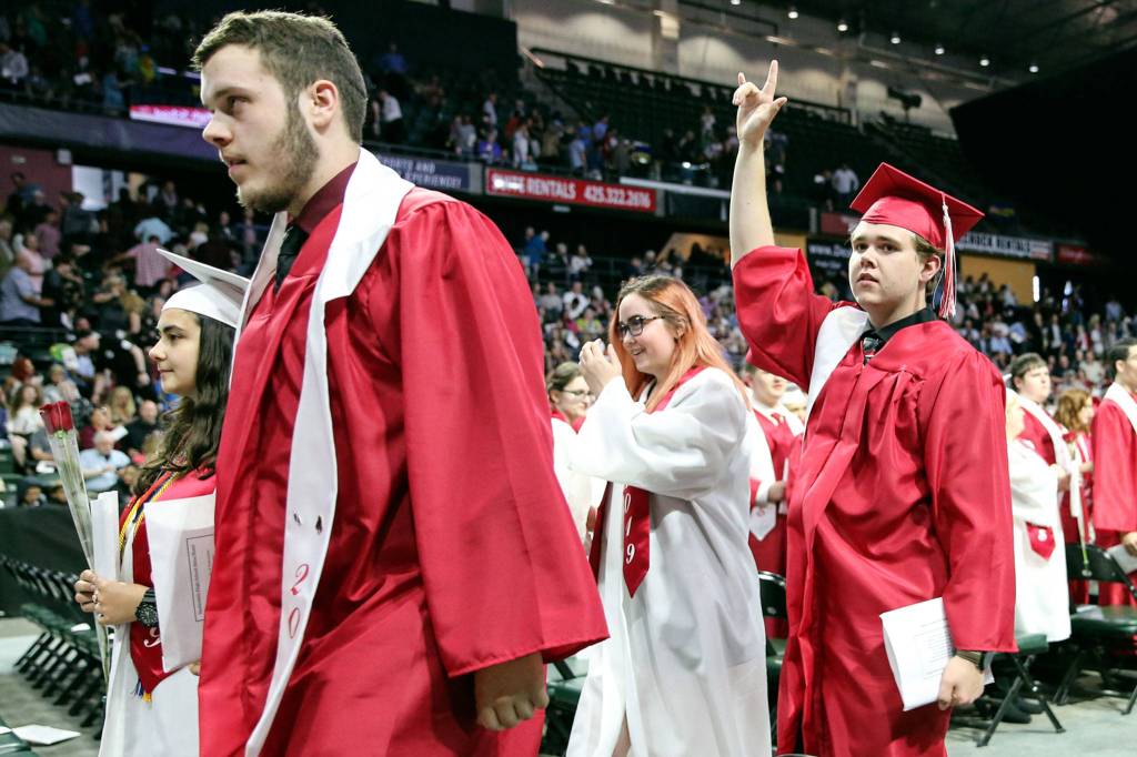 Scenes of the graduation of Snohomish High School Class of 2019 at Angel of the Winds Arena in Everett on June 10, 2019. (Kevin Clark / The Herald)