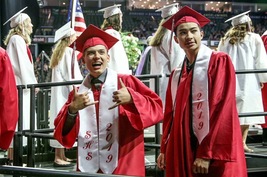 Scenes of the graduation of Snohomish High School Class of 2019 at Angel of the Winds Arena in Everett on June 10, 2019. (Kevin Clark / The Herald)