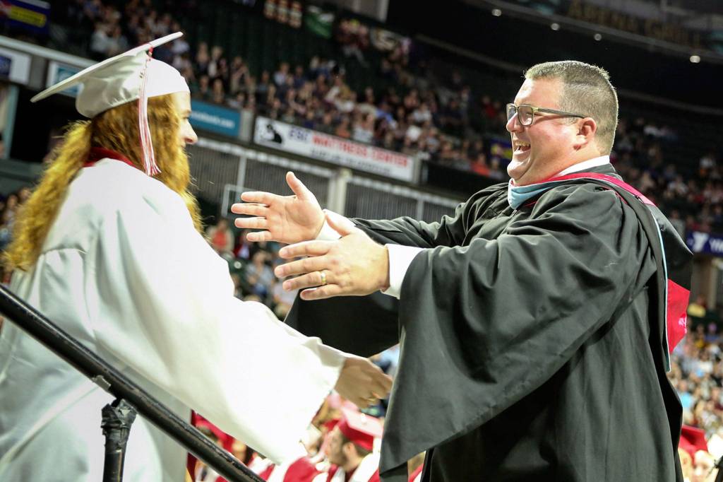 Scenes of the graduation of Snohomish High School Class of 2019 at Angel of the Winds Arena in Everett on June 10, 2019. (Kevin Clark / The Herald)
