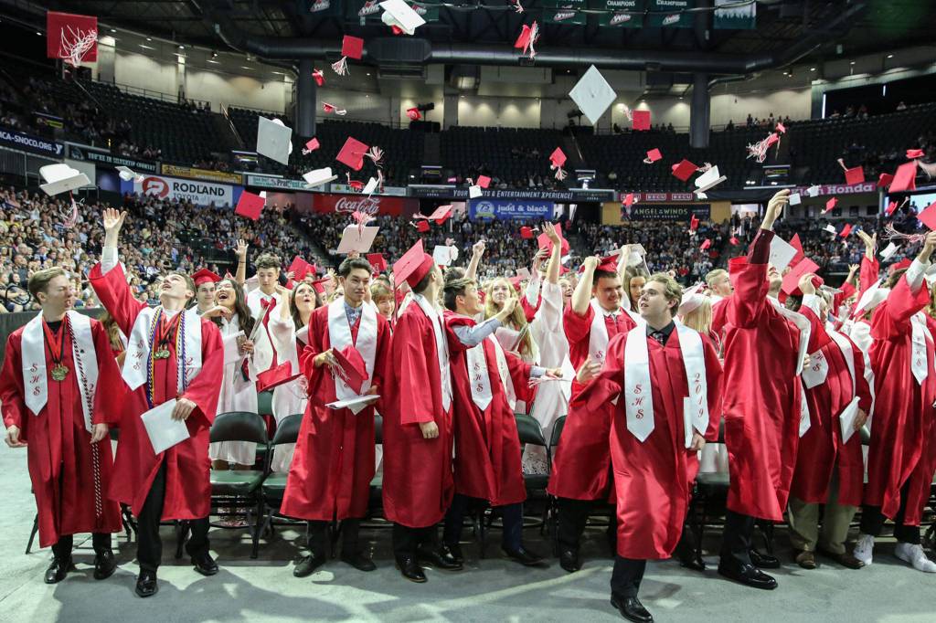 Scenes of the graduation of Snohomish High School Class of 2019 at Angel of the Winds Arena in Everett on June 10, 2019. (Kevin Clark / The Herald)