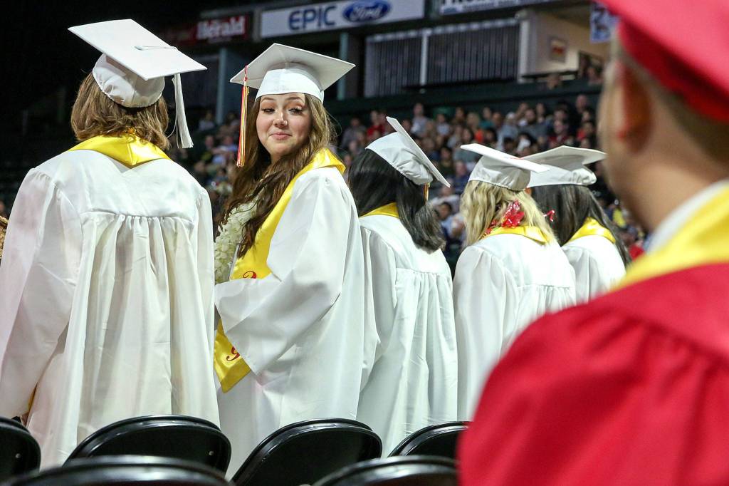 Scenes from the graduation of Marysville-Pilchuck High Schools Class of 2019 Wednesday afternoon at Angel of the Winds Arena in Everett on June 12, 2019. (Kevin Clark / The Herald)
