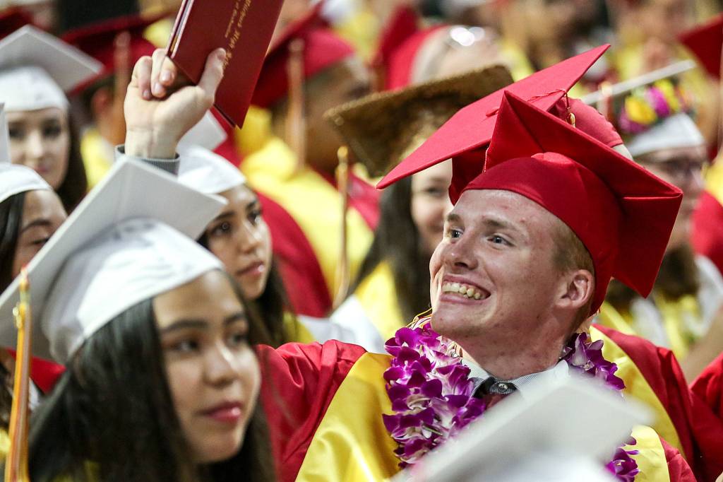 Scenes from the graduation of Marysville-Pilchuck High Schools Class of 2019 Wednesday afternoon at Angel of the Winds Arena in Everett on June 12, 2019. (Kevin Clark / The Herald)