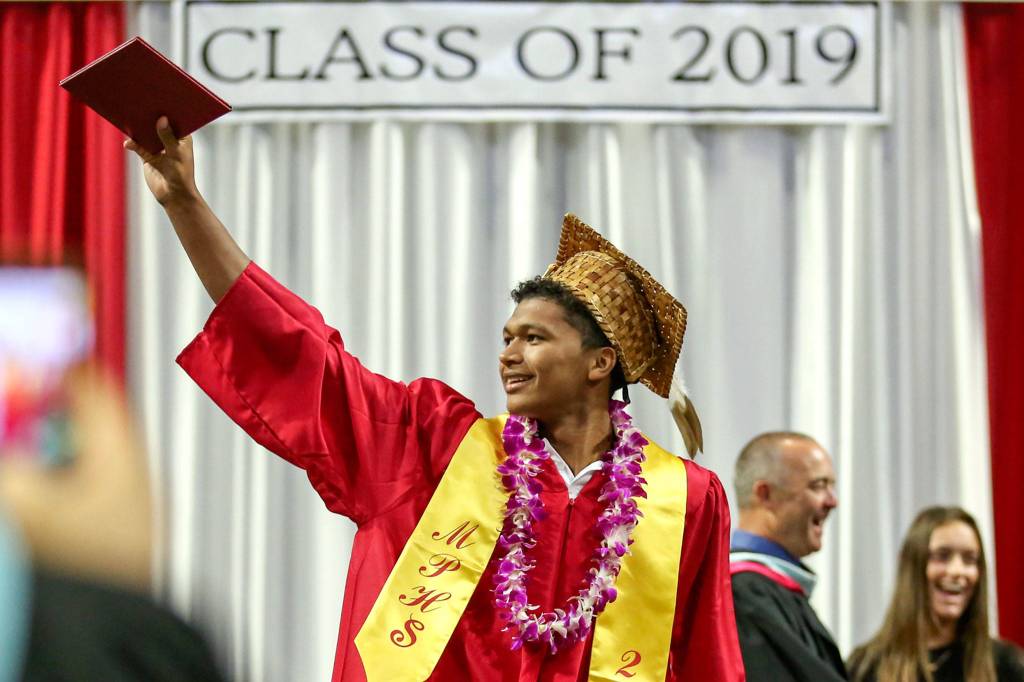 Scenes from the graduation of Marysville-Pilchuck High Schools Class of 2019 Wednesday afternoon at Angel of the Winds Arena in Everett on June 12, 2019. (Kevin Clark / The Herald)