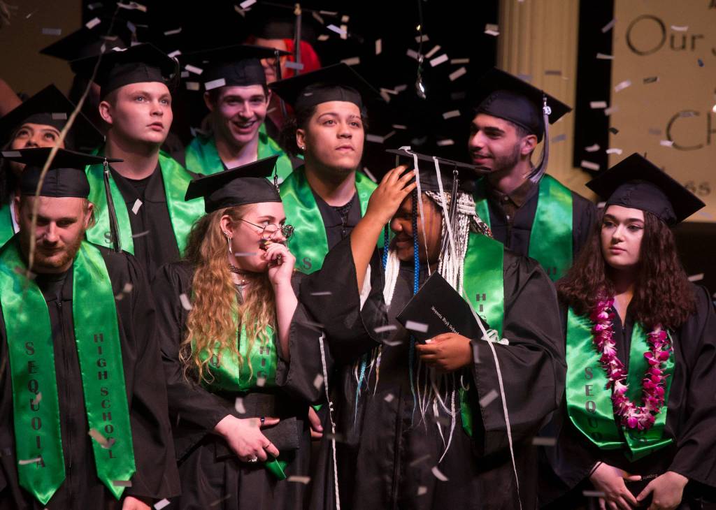 Scenes from the Sequoia High graduation ceremony held in the Everett Civic Auditorium on Thursday, June 13, 2019 in Everett, Wash. (Andy Bronson / The Herald)