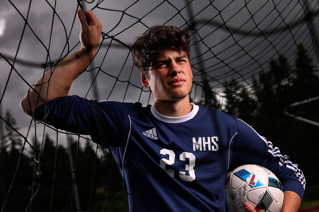 Meadowdale sophomore <a href="https://www.heraldnet.com/sports/2019-boys-soccer-player-of-the-year-river-stewart/" target="_blank">River Stewart</a> totaled 32 goals and 10 assists while leading the Mavericks to a district title and the programss first state berth since 2005. Stewart is the Boys Soccer Player of the Year. (Kevin Clark / The Herald)