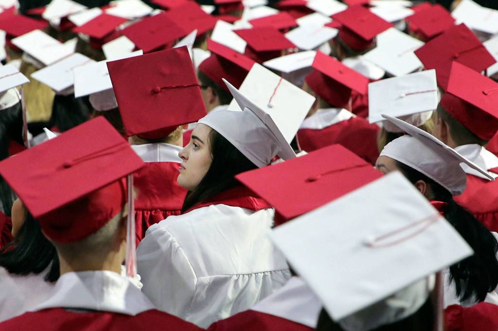 A sea of caps could be seen at the graduation of the <a href="https://www.heraldnet.com/news/gallery-snohomish-high-schools-class-of-2019/" target="_blank">Snohomish High School Class of 2019</a> at Angel of the Winds Arena in Everett on June 10. (Kevin Clark / The Herald)